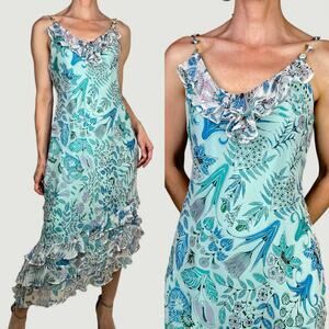 ICE silk floral fairy slip‎ dress rosette straps ruffle asymmetrical vintage Y2K